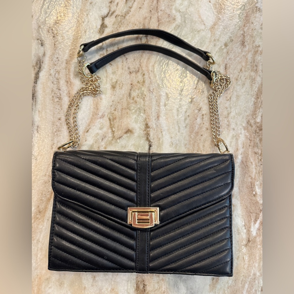 INC Black Quilted Faux Leather Shoulder Bag with Gold-Tone Chain Strap